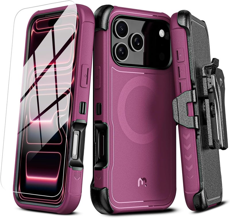 M MYBAT PRO for iPhone 17 Pro Case with Belt Clip Holster,[Compatible with Magsafe] w/Screen Protector,Anti-Drop,Shockproof,w 360°Rotating Kickstand,Heavy Duty Protection (Plum) - Image 1